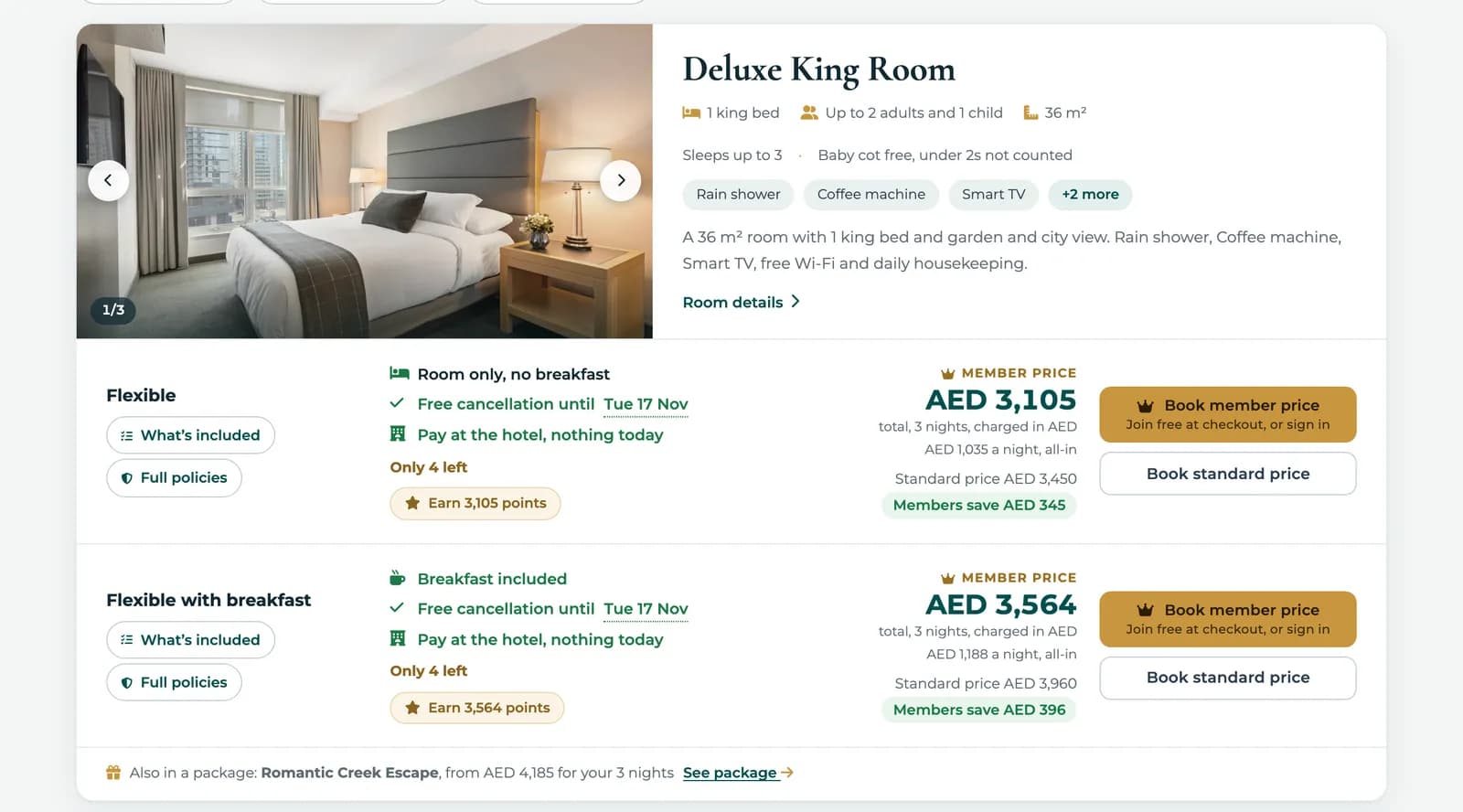 BookingWhizz rooms step on BW Riverside Hotel, a demo hotel, showing the member price on each room.