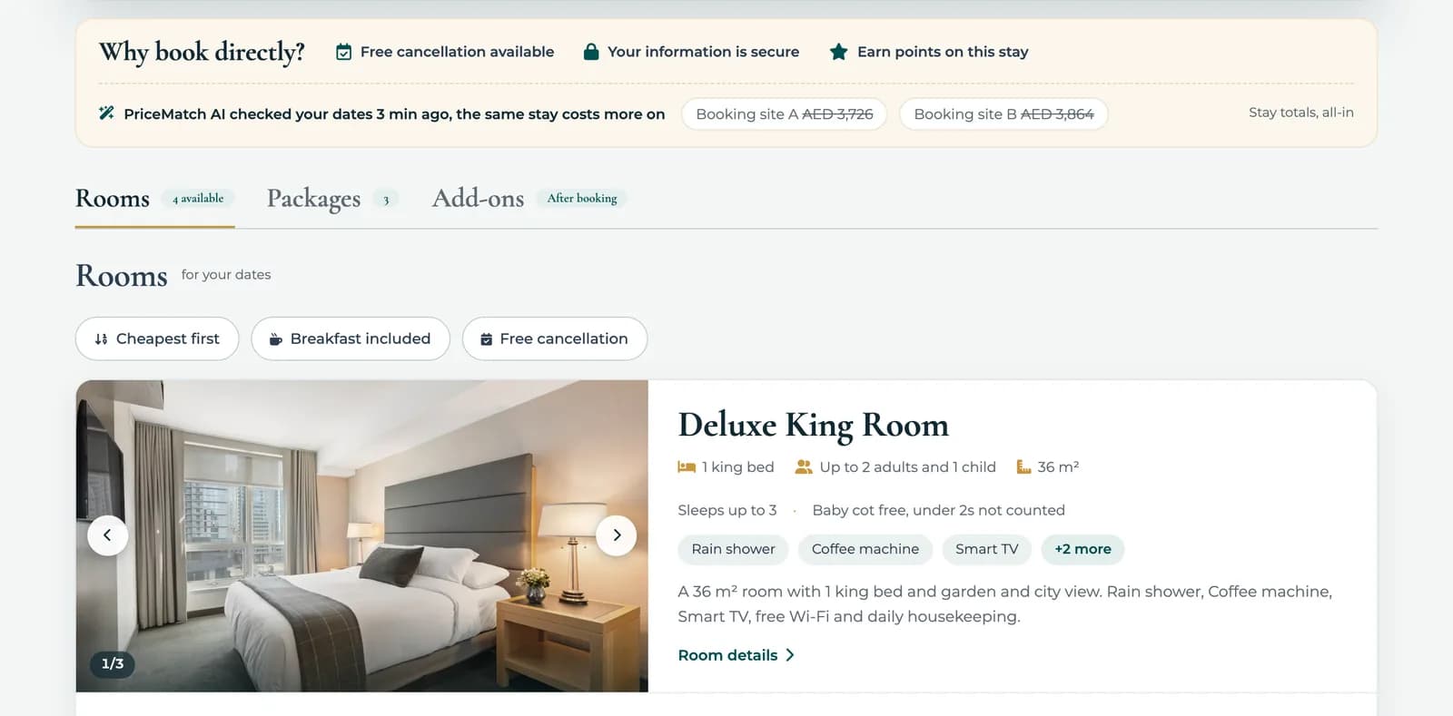 BookingWhizz rooms step on a demo hotel, with a PriceMatch AI line showing the same stay costs more on two booking sites.