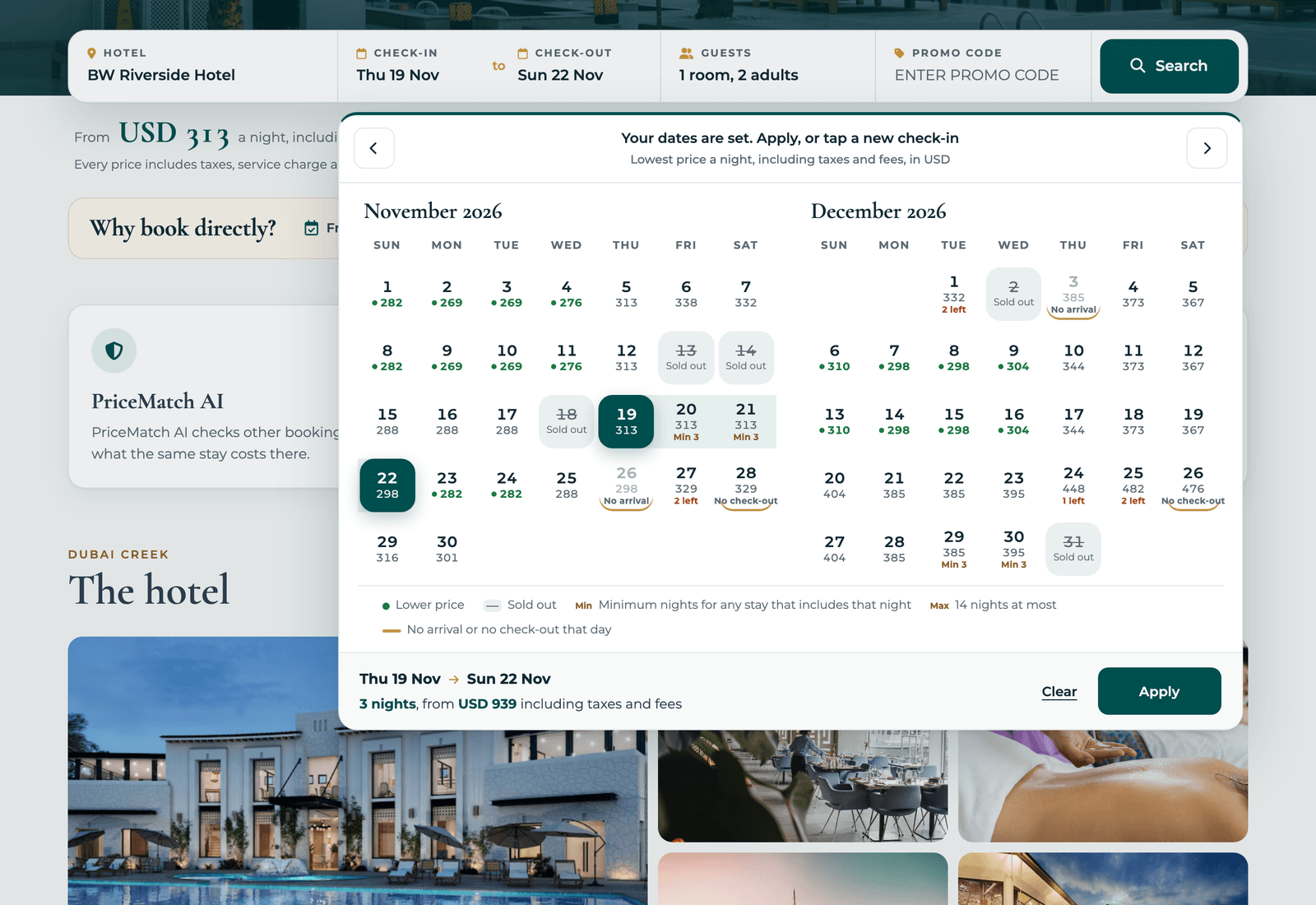 Date picker on the BW Riverside Hotel booking engine with the price on every date, cheaper dates marked, and minimum stay shown before the guest picks