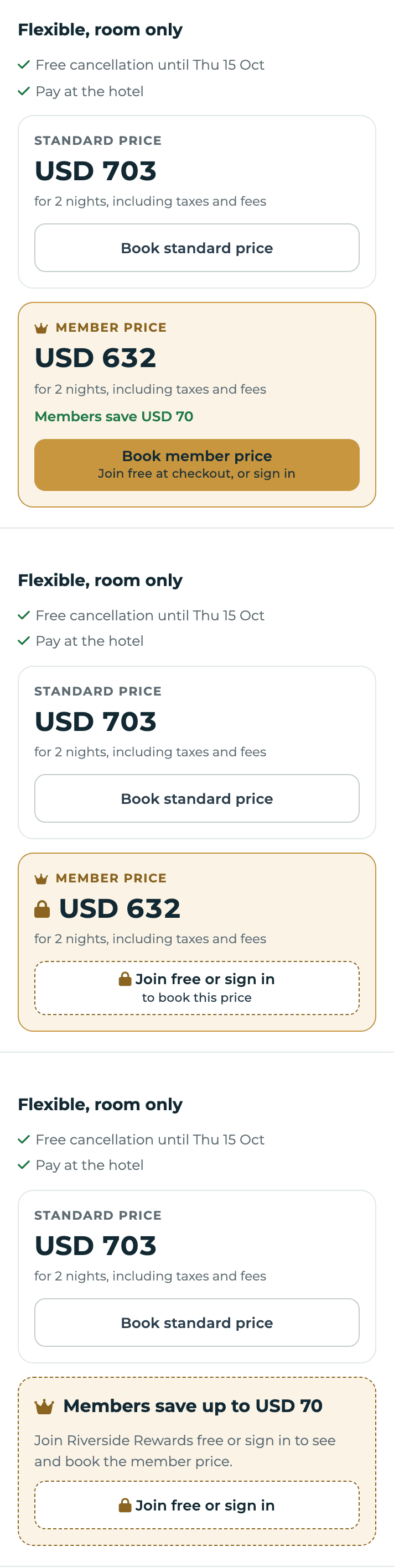 The member price options on a phone: open, locked and members only