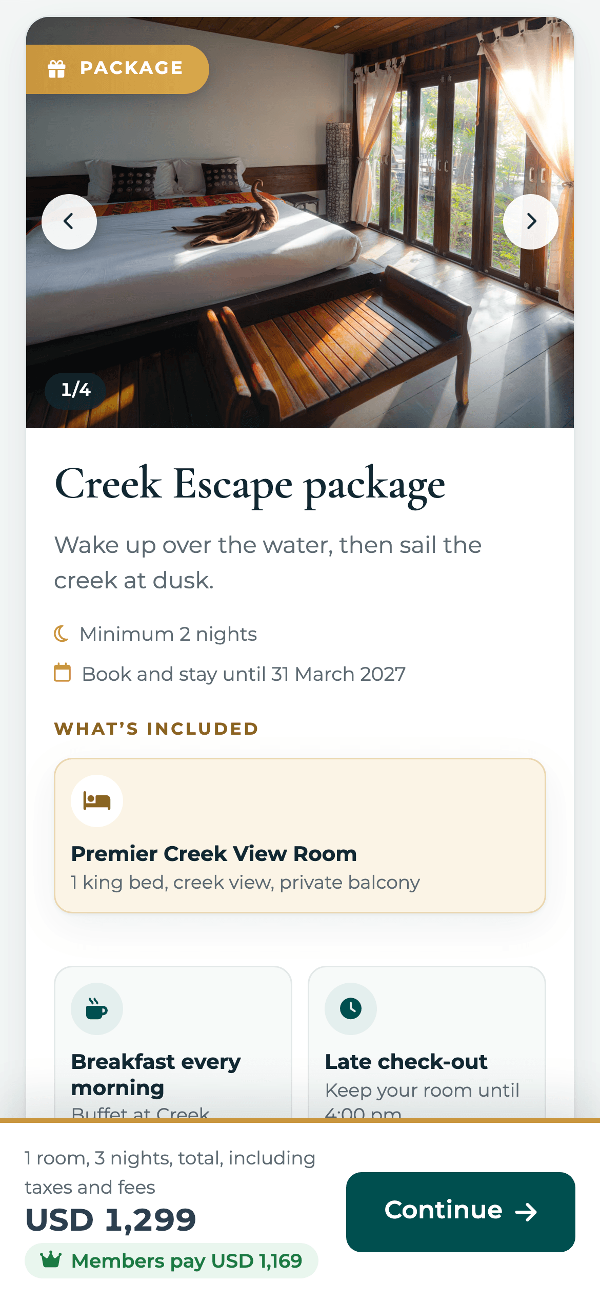 The same package on a phone, with the room and what is included