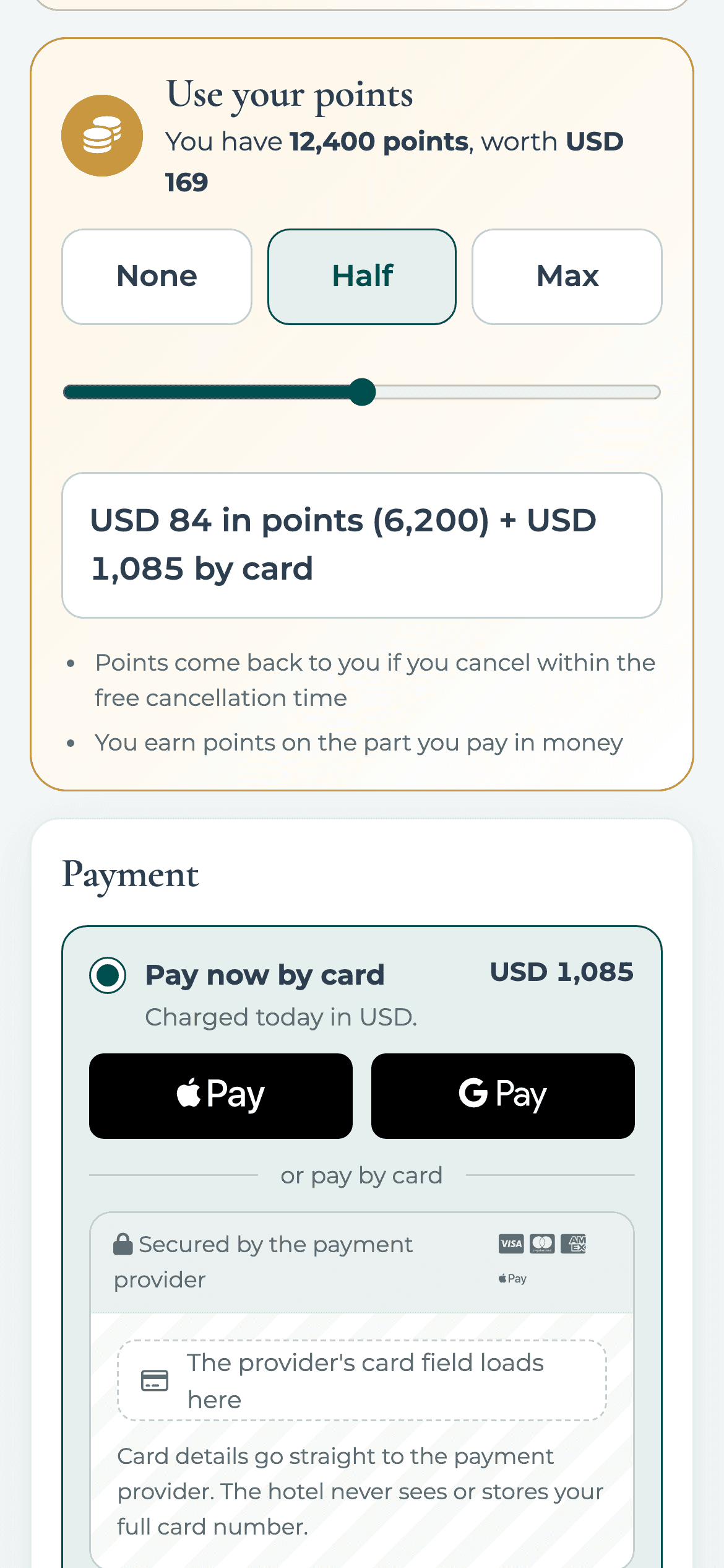 Payment on a phone for a signed-in member, with points applied