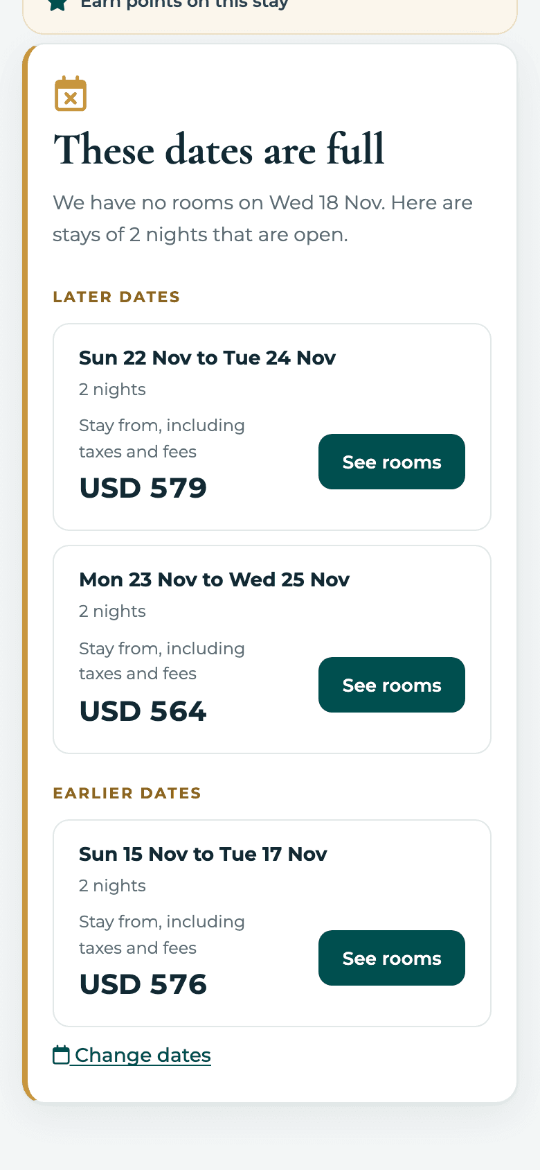 The sold out screen on a phone, offering other dates with the stay price and a See rooms button