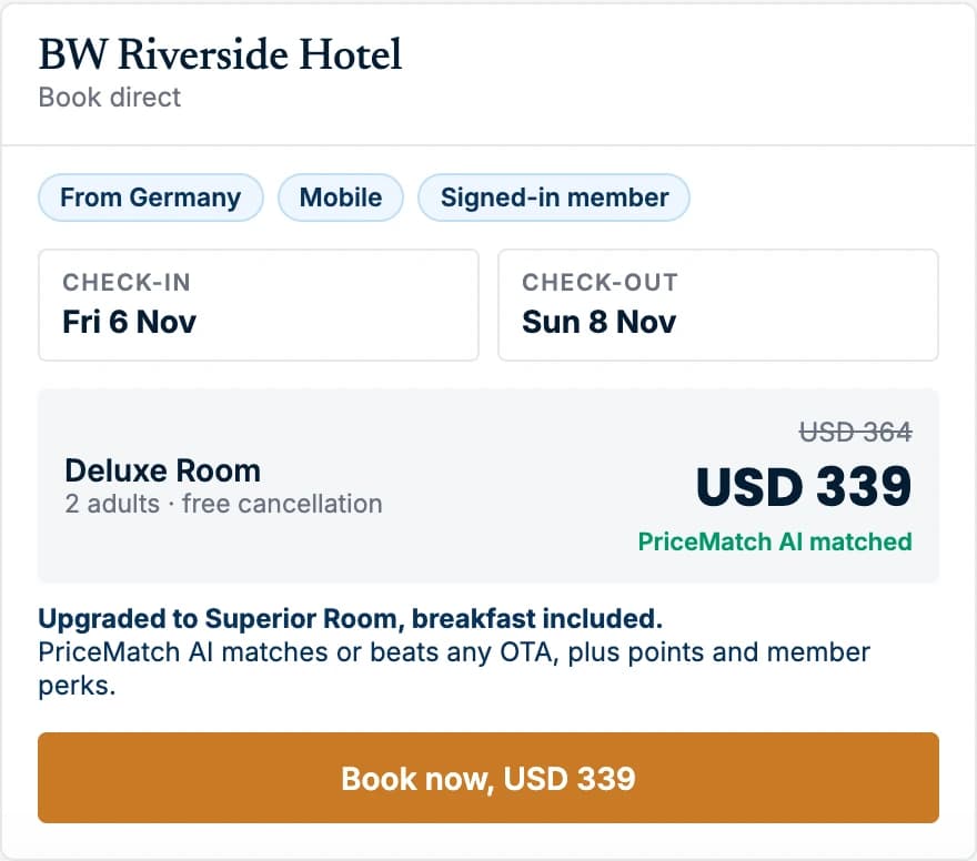 BW Riverside Hotel, a demo hotel: Deluxe Room 6 to 8 Nov, USD 364 struck through and USD 339 marked PriceMatch AI matched, upgraded to a Superior Room with breakfast, Book now USD 339.