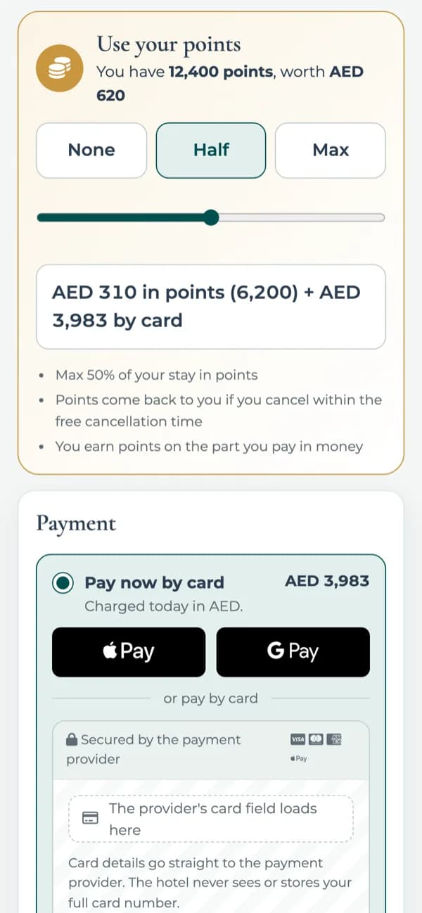 BookingWhizz pay with points step on a phone, shown on a demo hotel.