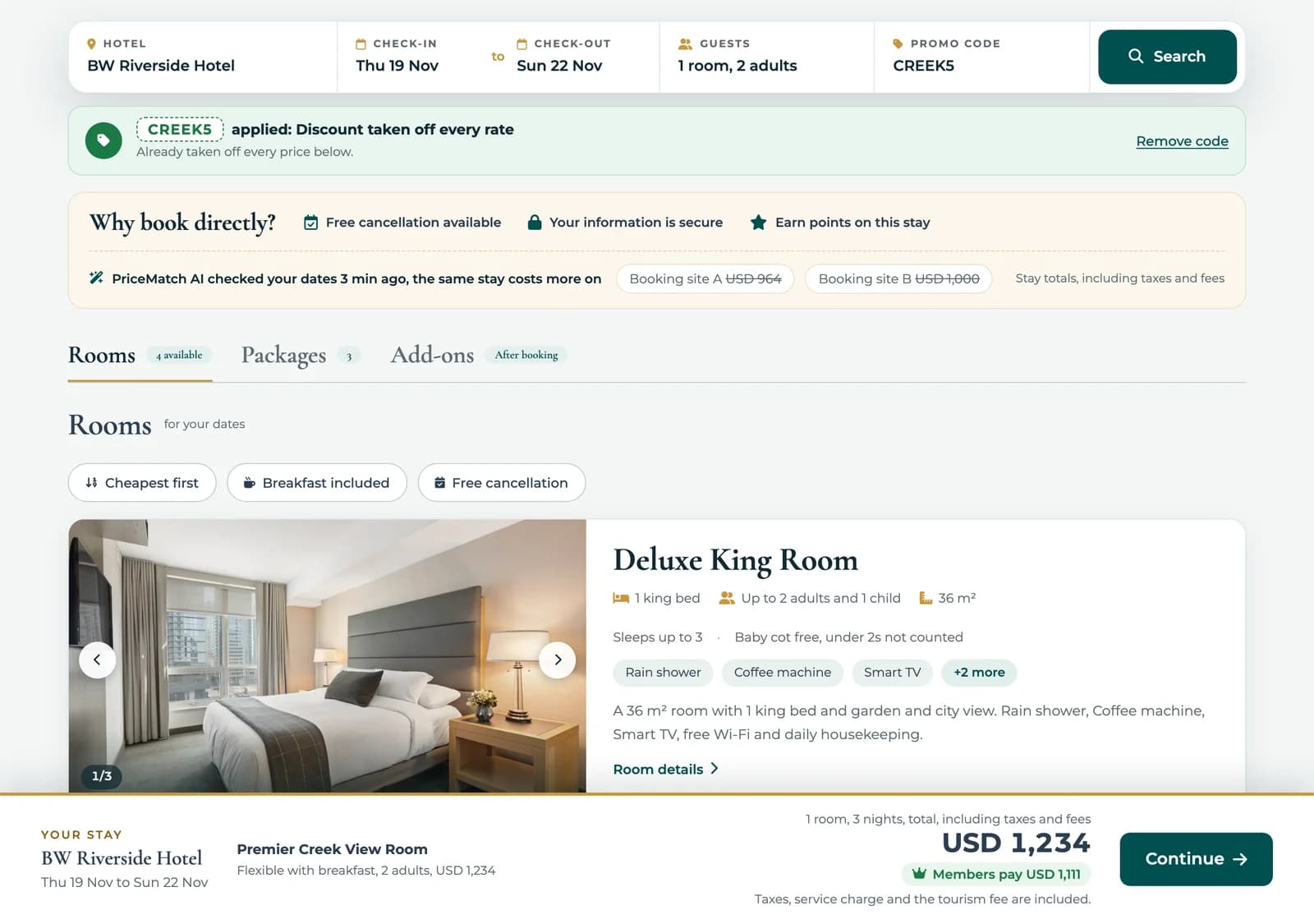 BookingWhizz booking engine on a demo hotel with a promo code applied across the rates, the Why book directly box and the first room.