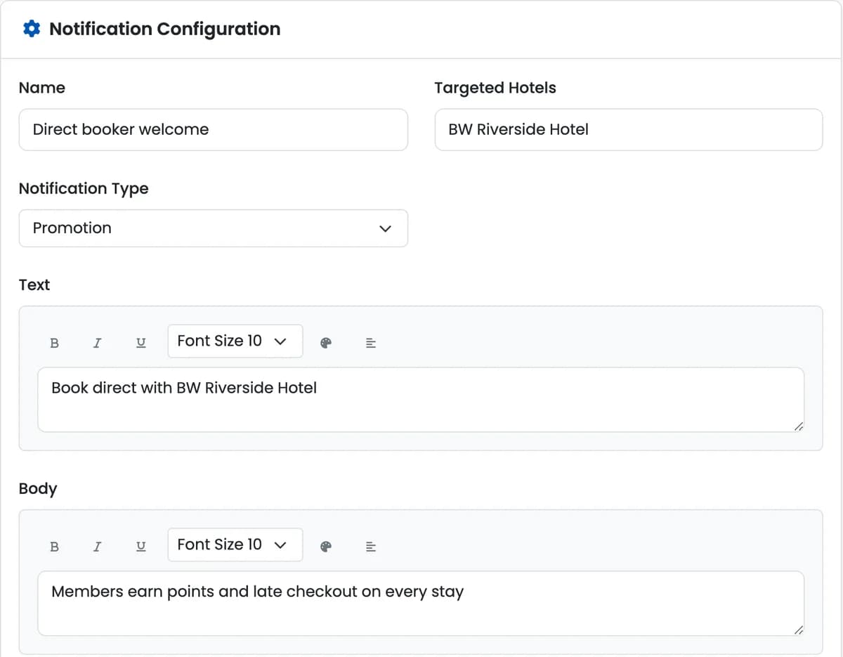 Adding a notification in BookingWhizz for BW Riverside Hotel: name, hotel, notification type, headline and body.
