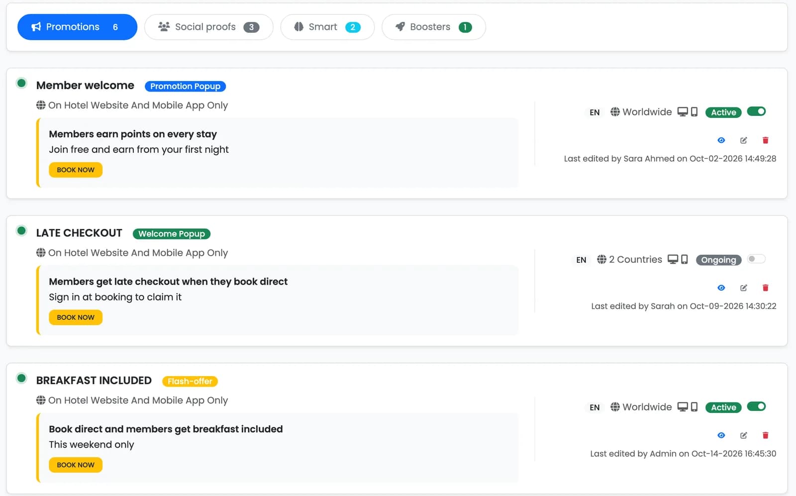 Notifications list in BookingWhizz: Member welcome, Late checkout and Breakfast included, each with its type, markets, devices, status and last edit. Demo data.