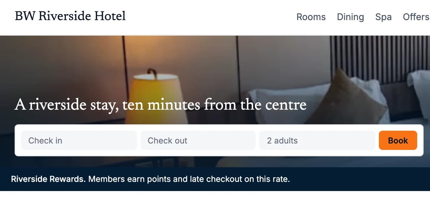 BookingWhizz booking engine on the website and phone of BW Riverside Hotel, a demo hotel, with the hotel's own domain and member strip